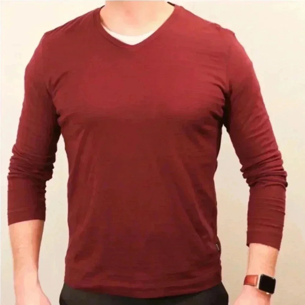 NWT Hugo Boss Mens Pima Cotton V- Neck long sleeve Burgundy Slim Fit Shirt Sz XL